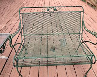 #88- $200 - Iron green Bench, Coffee Table 2 Arm Chairs an d Side /table