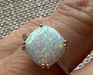 #173 -$240 - Opal & diamond ring, 10kt gold, 1.8 grams, size 7.