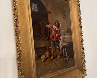 #3 - $300 - European school, 19th Century Oil on Board depicting man pouring wine from barrell to carafe - Signed Parifi -period frame 15x20