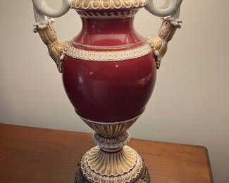 #48 - $120 - Old Porcelain Lamp - burgundy and with w/gold 38"H - fracture on one handle