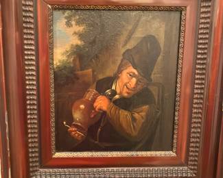 #18 - $300- European school, 19th century oil on board of a German man drinking. 14 X 15 in wood ebonese frame
