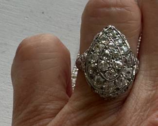 #168 - Antique ring old mine cut diamonds, 14kt white gold, pear shaped, approx 2 ctw diam, 4.4 gr, Sz 5 - $1450
