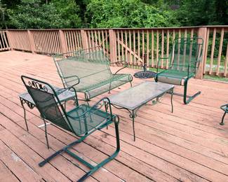 #88- $200 - Iron green Bench, Coffee Table 2 Arm Chairs an d Side /table
