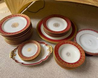 #99 - $150 - White & red rim limoges set 8 dinner plates, 6 soup bowls + 2 slightly different, 4 dessert plates, 2 platters & 1 small plate - 1 dinner plate restored