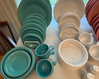 Close-up of the teal and white