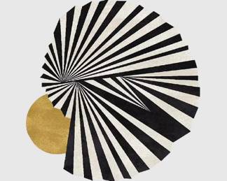 Minimalist modern abstract 9’ 9” x 10’ 3”black, white and yellow irregular shape, woolen hand, tufted, designer area rug.