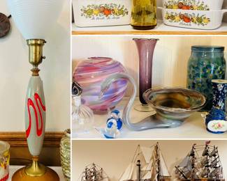 MCM glass lamp, Corning Ware Vintage Spice Of Life Casserole Dish Set 3, hand blown Sooner swan butter dish and vases, and decorative model sailing ships.