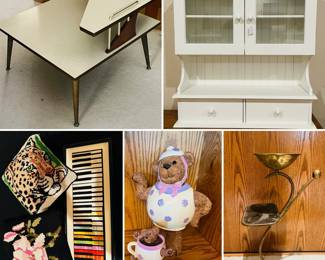 MCM two level corner table, white medicine cabinet, needle point decorative art work and pillows. I’m a little tea pot bear figurines and brass candle holder.