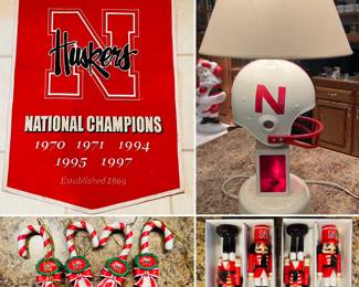 Vintage Husker Christmas ornaments, lamp and wall decor.