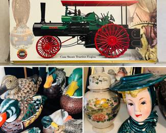 RARE red canopy millennium farm steam engine, decoy ducks and vintage lady head vase.