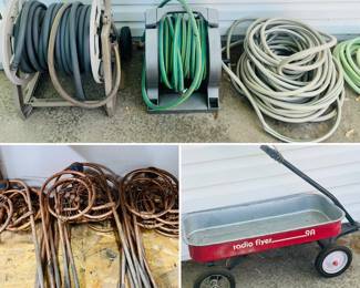 Garden hose and vintage Radio Flyer wagon.