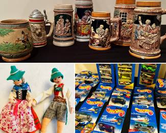 German beer steins and felt dolls. NWT vintage Hot Wheels.