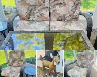 Patio furniture and outdoor deer decor.