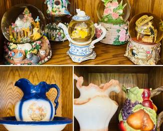Spring snow globes, antique ironstone pitcher and wash basin set. Vintage ceramic pitchers.
