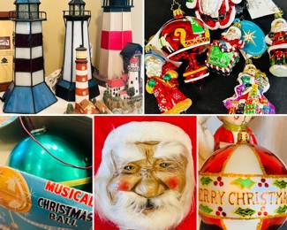 Tiffany style lighthouses, Christopher Radko Christmas ornaments, vintage Christmas decorations.