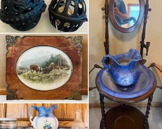Vintage cast iron string/ yarn holders and wall art. Antique ironstone pitcher and wash basin sets plus stand.