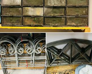 Iron rod decorative fencing and tool storage.
