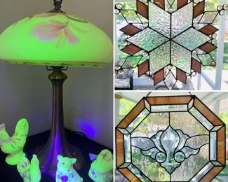 Fenton uranium lamp, and stain glass sun catchers.