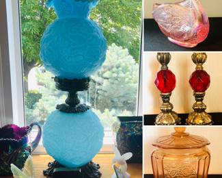 Fenton Blue Lamp, pink glass swan, depression glass biscuit jar and red lucite candle sticks.