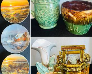 Set of three "Best Friends" mini collector plates by Terry Redlin, two Roseville Majolica jardinière pottery planters, and two McCoy pottery planters.