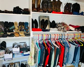 Y2K women’s sandals, verity of men’s work boots and dress shoes, and retro pants