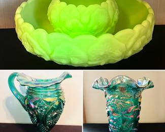 Uranium and Carnival glass vases.