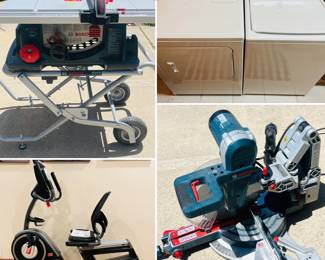 A Bosch 10-inch jobsite table saw with a gravity-rise wheeled stand and washer and dryer. A Proform Recumbent Exercise Bike and Bosch Dual-Bevel Glide Miter Saw.