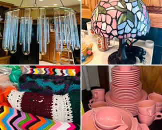 Pottery barn tube chandelier, Tiffany lamp, handmade crochet blankets and Pink Boonton ware set.