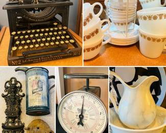 Vintage Corelle Butterfly Gold cups and saucers as seen in the Taylor Swift Anti Hero music video.
Vintage typewriter, kitchen scale, wall decor and Italian marble pitcher and wash basin set.