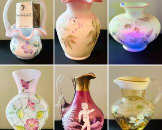NWT Fenton hand painted glass basket, and vases. Bohemia Crystal hand painted oil dispenser.