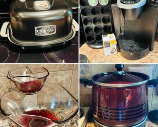 Stovetop smoker, Keurig with k-cup holder, chip and dip set, and vintage Westbend slow cooker.