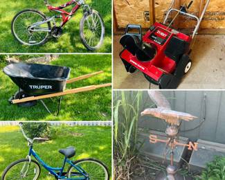 Vintage bikes, eagle copper weathervane, wheelbarrow and snowblower.