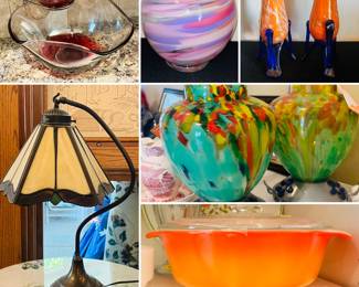 Chip and dip set, hand blown glass vases, Tiffany mini lamp and a vintage 1970s Crown Pyrex 7-inch casserole dish with a lid, in a "Sunset Orange" color.