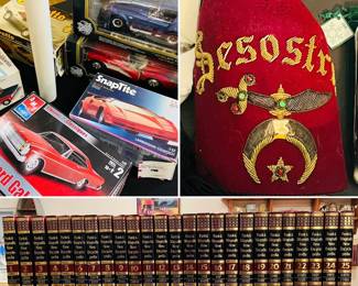 Vintage model cars, a Fez, hat worn by members of the Shriners International, officially adopted in 1872 and a FULL set of Funk & Wagnalls Encyclopedia’s.