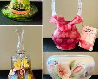NWT Fenton hand painted basket. Hand painted Fenton glass bell, hat and vase decor.