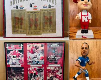 Vintage Nebraska headline poster, National Championship framed roster. Lil Red and Suh bobble heads.