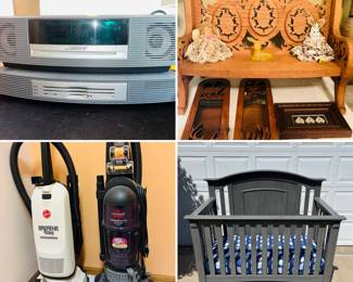 Bose Wave music system, hand carved wooden doll bench, convertible crib, Hoover vacuum cleaner, and a Bissell PowerForce Bagless Turbo vacuum cleaner.