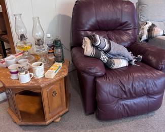 electric recliner, oil lamps, shaving mugs, Mexican blankets