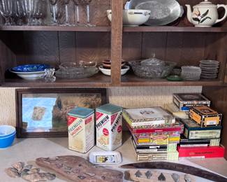 Glassware, china, cigar boxes galore(more than pictured), boomerang, arrowheads