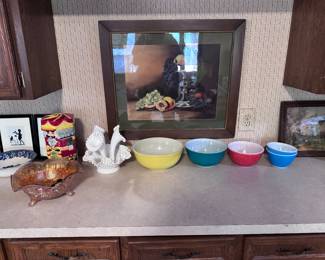 carnival glass, milk glass, Pyrex bowls
