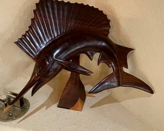 LARGE WOOD CARVED SWORDFISH SCULPTURE