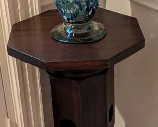 Mexico Glass Art Vase, Wood Pedestal