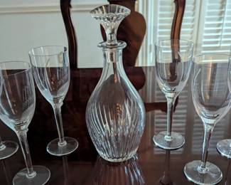 Baccarat crystal decanter, Lalique Angel Wing wine champagne crystal stems