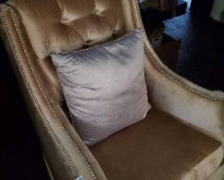 Pair velvet swivel arm chairs
