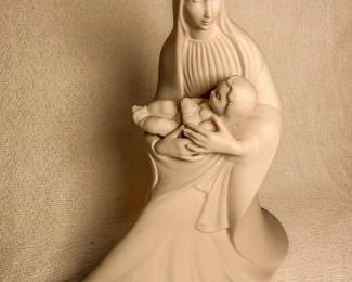 Ceramic bisque Virgin Mary and Baby Jesus statue signed by Esther Killebrew