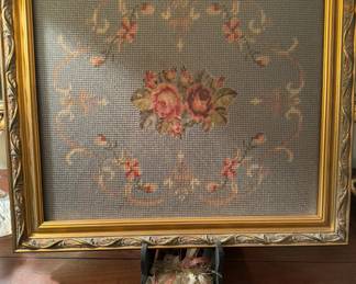 Framed floral cross stitch panel