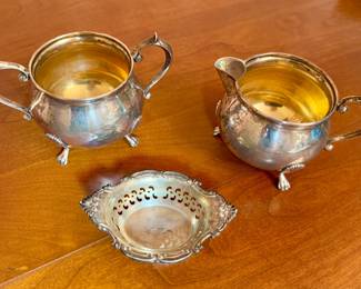F.B. Rogers sterling silver sugar bowl, creamer and Gorham sterling silver spoon rest