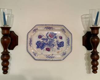 Wooden wall mounted candleholders and vintage hand painted platter