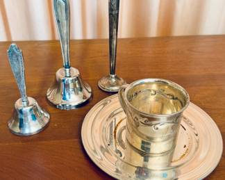 Sterling silver bells, bud vase, cup and saucer