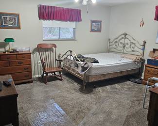 Bed, dressers, vintage rocker, TV, dvd players